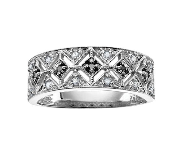 BAGUE EN OR 10K BLANC SERTIE DE DIAMANTS BLANCS ET NOIRS - CR DD2569 - BIJOUX CANADIEN BAGUE EN OR 10K BLANC SERTIE DE DIAMANTS BLANCS ET NOIRS - CR DD2569 - BIJOUX CANADIEN