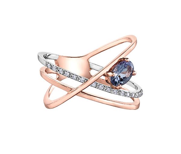 BAGUE EN OR ROSE ET BLANC SERTIE D'UNE TANZANITE ET DE DIAMANTS - CR DD7490 - BIJOUX CANADIEN BAGUE EN OR ROSE ET BLANC SERTIE D'UNE TANZANITE ET DE DIAMANTS - CR DD7490 - BIJOUX CANADIEN