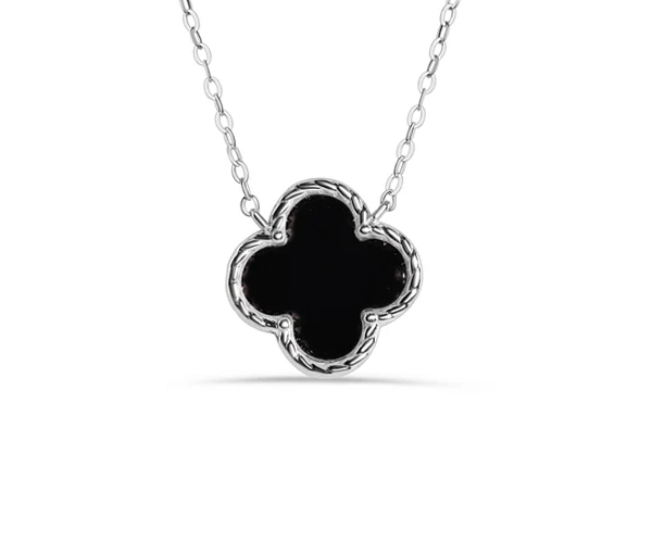 COLLIER TRÈFLE EN ARGENT RHODIÉ SERTI DE NACRE DE PERLE OU D'ÉMAIL NOIR - SP STP01860B - BIJOUX D'IMPORTATION COLLIER TRÈFLE EN ARGENT RHODIÉ SERTI DE NACRE DE PERLE OU D'ÉMAIL NOIR - SP STP01860B - BIJOUX D'IMPORTATION
