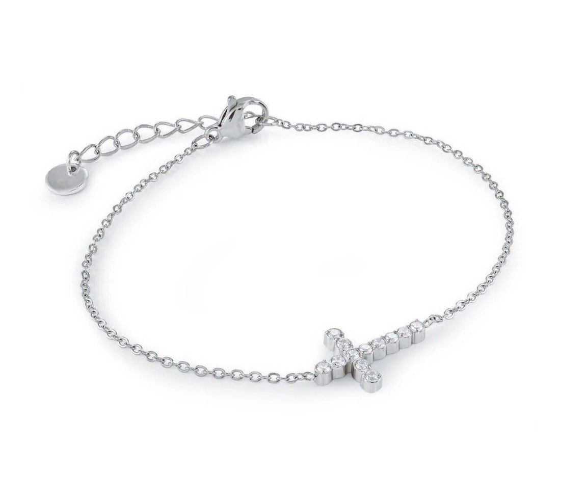 BRACELET CROIX EN ACIER OU ACIER/PVD OR SERTI DE CUBIQUES ZIRCONIAS - IG SWB256 - VELORIA BRACELET CROIX EN ACIER OU ACIER/PVD OR SERTI DE CUBIQUES ZIRCONIAS - IG SWB256 - VELORIA