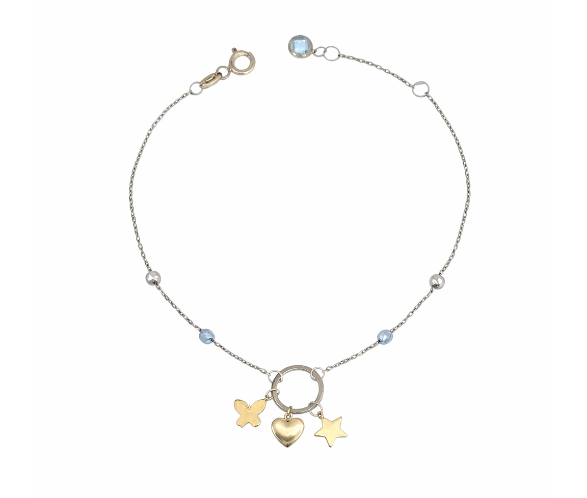 BRACELET EN OR 2 TONS AVEC CERCLE AJOURÉ ET 3 BRELOQUES - MB BRAFA03 - BIJOUX D'IMPORTATION BRACELET EN OR 2 TONS AVEC CERCLE AJOURÉ ET 3 BRELOQUES - MB BRAFA03 - BIJOUX D'IMPORTATION