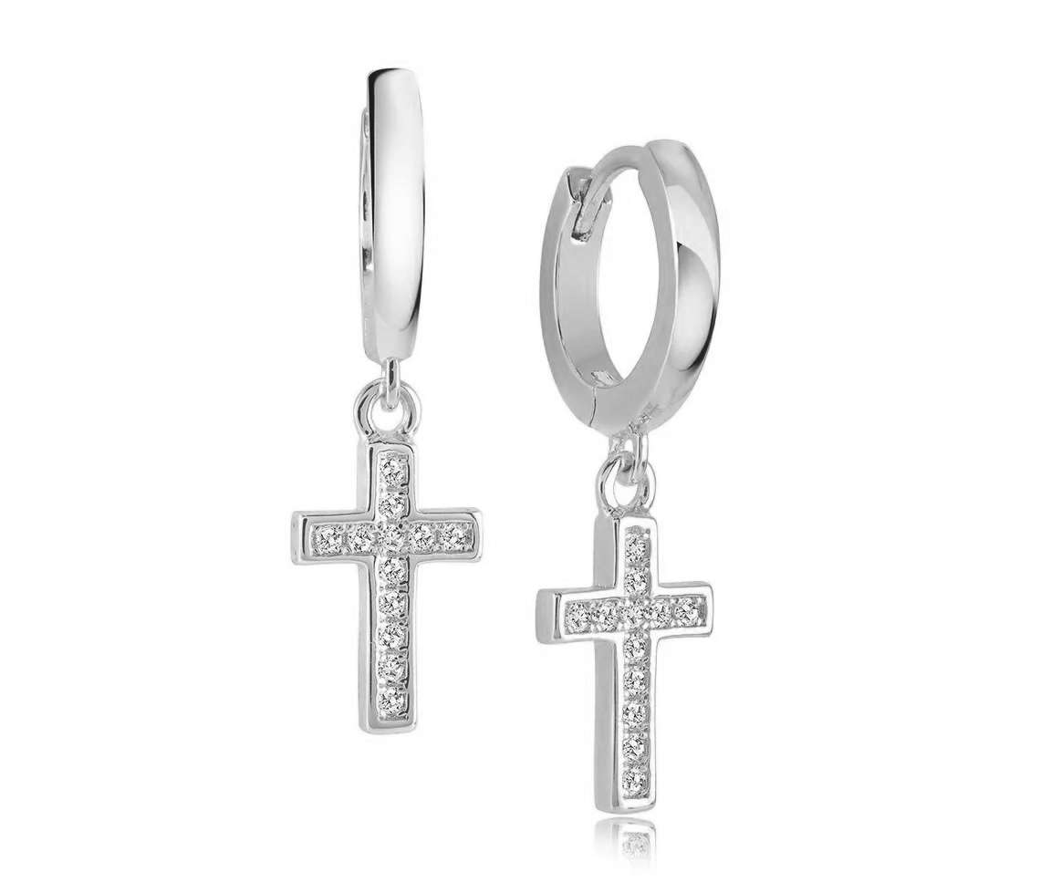 BOUCLES HUGGIES EN ACIER AVEC CROIX SERTIES DE CUBIQUES ZIRCONIAS - IG SEA398 - VELORIA BOUCLES HUGGIES EN ACIER AVEC CROIX SERTIES DE CUBIQUES ZIRCONIAS - IG SEA398 - VELORIA