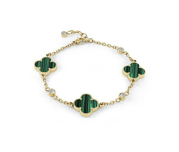 BRACELET EN ACIER/PVD OR AVEC TRÈFLES SERTI DE MALACHITE ET DE CUBIQUES ZIRCONIAS - IG SWB219 - ITALGEM BRACELET EN ACIER/PVD OR AVEC TRÈFLES SERTI DE MALACHITE ET DE CUBIQUES ZIRCONIAS - IG SWB219 - ITALGEM