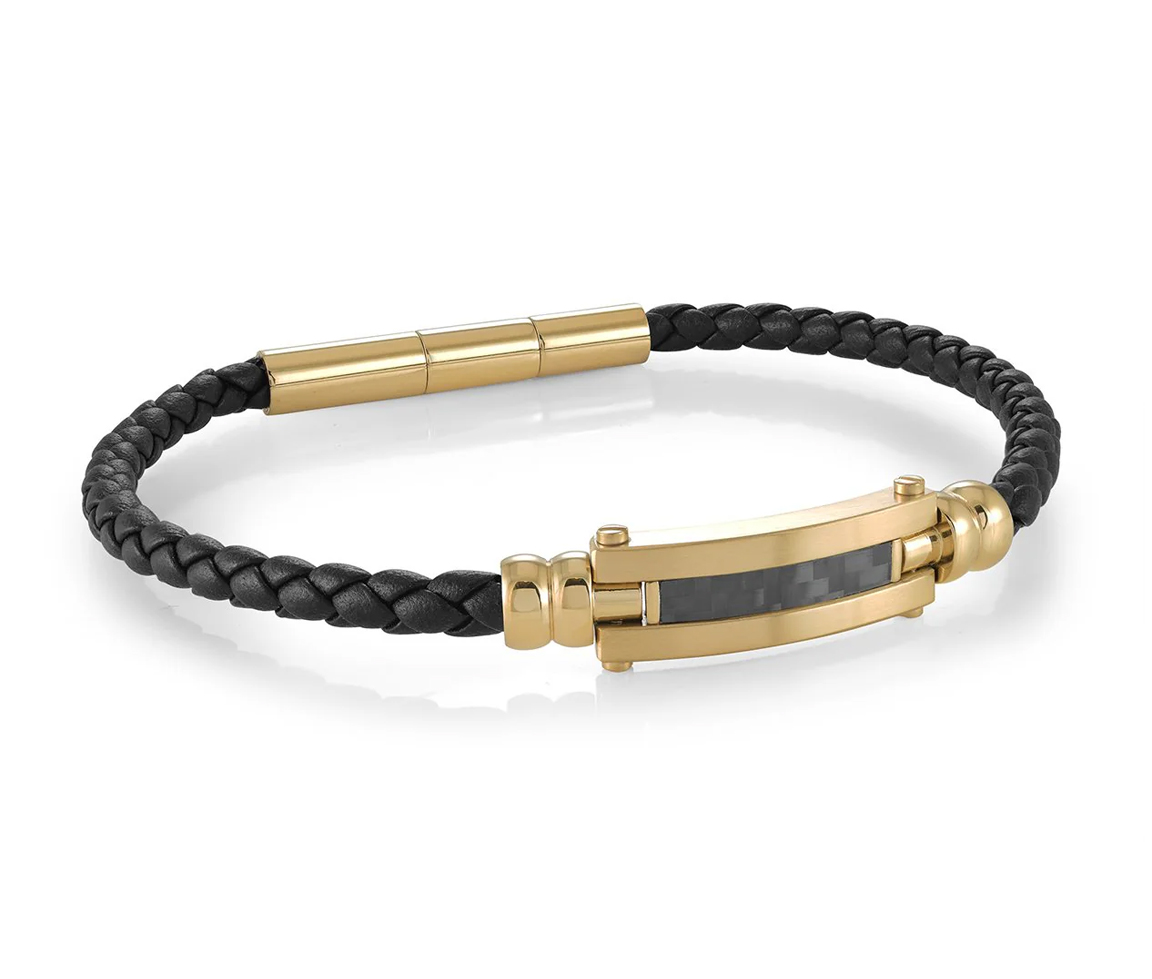 BRACELET DE CUIR TRESSÉ AVEC PLAQUE EN ACIER/PVD OR ET FIBRE DE CARBONE - IG SLB642 - ITALGEM BRACELET DE CUIR TRESSÉ AVEC PLAQUE EN ACIER/PVD OR ET FIBRE DE CARBONE - IG SLB642 - ITALGEM
