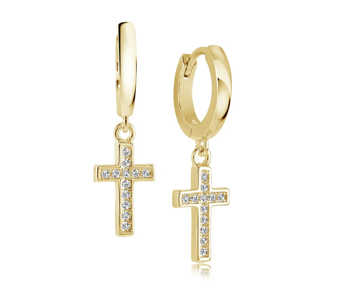 BOUCLES HUGGIES EN ACIER/PVD OR AVEC CROIX SERTIES DE CUBIQUES ZIRCONIAS - IG SEA399 - VELORIA BOUCLES HUGGIES EN ACIER/PVD OR AVEC CROIX SERTIES DE CUBIQUES ZIRCONIAS - IG SEA399 - VELORIA