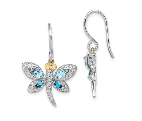 BOUCLES LIBELLULES EN ARGENT RHODIÉ ET ACCENT D'OR SERTIES DE TOPAZES BLEUS ET DE DIAMANTS - QG QE16657 - IMPORTATION BOUCLES LIBELLULES EN ARGENT RHODIÉ ET ACCENT D'OR SERTIES DE TOPAZES BLEUS ET DE DIAMANTS - QG QE16657 - IMPORTATION