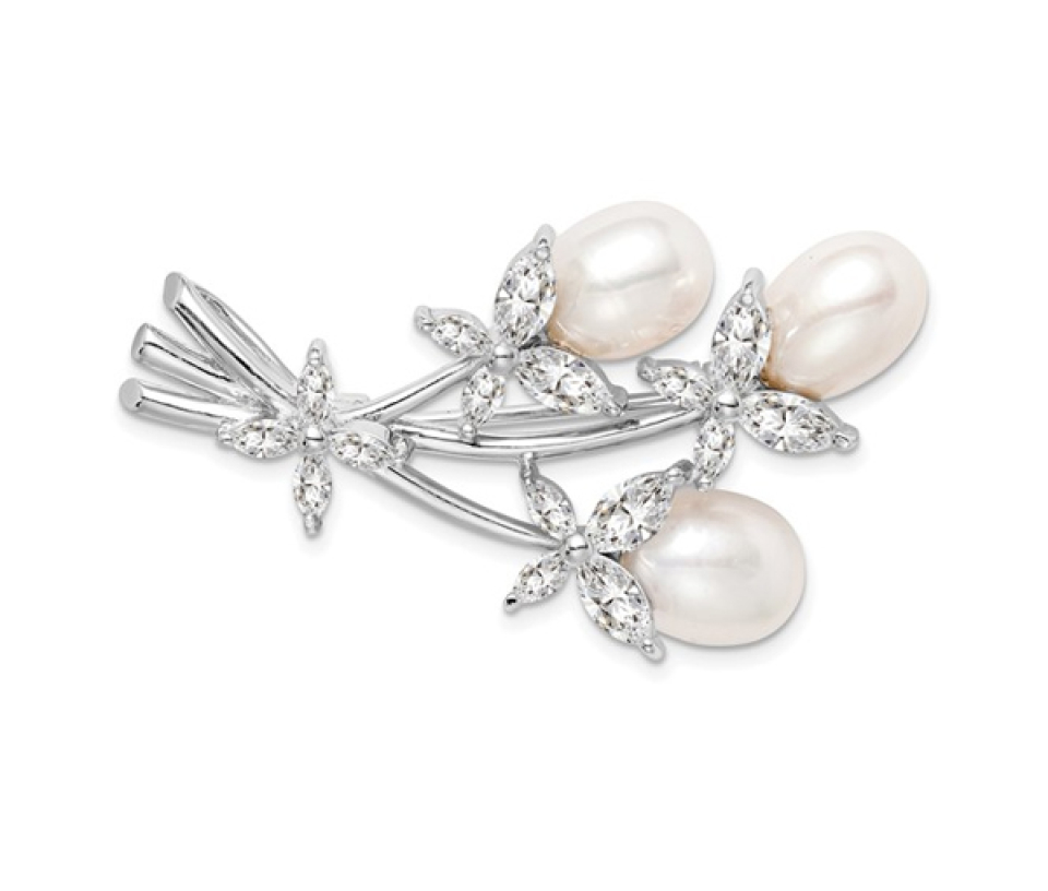 BROCHE BOUQUET FLEURS EN ARGENT RHODIÉ SERTI DE PERLES D'EAU DOUCE ET DE CUBIQUES ZIRCONIAS - QG QP884 - IMPORTATION BROCHE BOUQUET FLEURS EN ARGENT RHODIÉ SERTI DE PERLES D'EAU DOUCE ET DE CUBIQUES ZIRCONIAS - QG QP884 - IMPORTATION