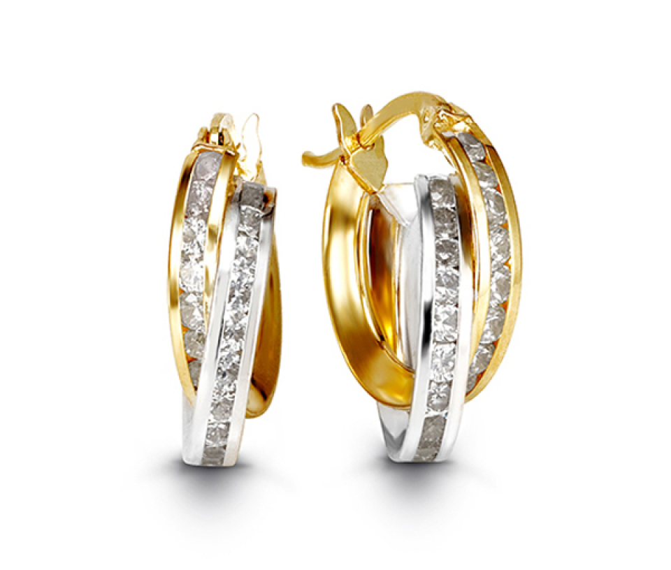 BOUCLES ANNEAUX ENTRELACÉES EN OR 2 TONS SERTIES DE CUBIQUES ZIRCONIAS - SY 1085 - BIJOUX D'IMPORTATION BOUCLES ANNEAUX ENTRELACÉES EN OR 2 TONS SERTIES DE CUBIQUES ZIRCONIAS - SY 1085 - BIJOUX D'IMPORTATION