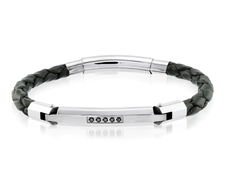 BRACELET EN CUIR TRESSÉ ET ACIER SERTI DE CUBIQUES ZIRCONIAS NOIRS - IG SLB161 - ITALGEM BRACELET EN CUIR TRESSÉ ET ACIER SERTI DE CUBIQUES ZIRCONIAS NOIRS - IG SLB161 - ITALGEM