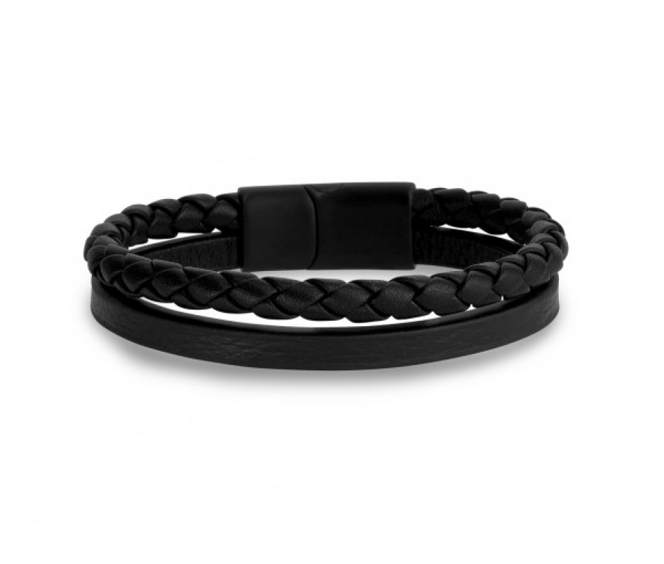BRACELET DOUBLE EN ACIER/PVD NOIR ET CUIR - AZ ASB271 8 - AREZZO BRACELET DOUBLE EN ACIER/PVD NOIR ET CUIR - AZ ASB271 8 - AREZZO