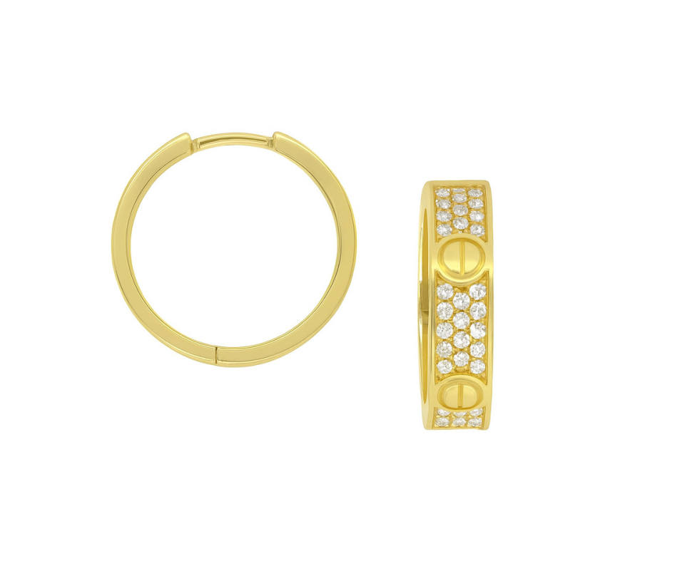 BOUCLES HUGGIES EN OR JAUNE AVEC ACCENT DU MOTIF CARTIER ET SERTIES DE CUBIQUES ZIRCONIAS - S BOU25 - BIJOUX D'IMPORTATION BOUCLES HUGGIES EN OR JAUNE AVEC ACCENT DU MOTIF CARTIER ET SERTIES DE CUBIQUES ZIRCONIAS - S BOU25 - BIJOUX D'IMPORTATION