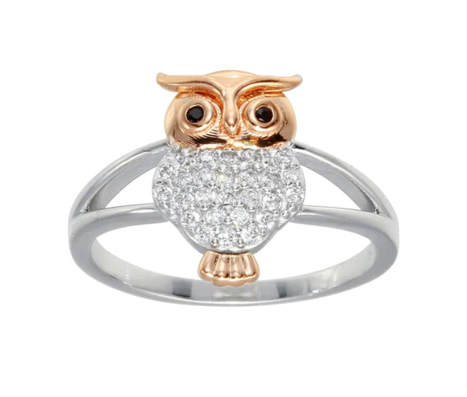 JOLIE BAGUE HIBOU EN ARGENT RHODIÉ/PVD OR ROSE SERTIE DE CUBIQUES ZIRCONIAS NOIRS ET BLANCS - SP GMR00299/5 - BIJOUX D'IMPORTATION JOLIE BAGUE HIBOU EN ARGENT RHODIÉ/PVD OR ROSE SERTIE DE CUBIQUES ZIRCONIAS NOIRS ET BLANCS - SP GMR00299/5 - BIJOUX D'IMPORTATION