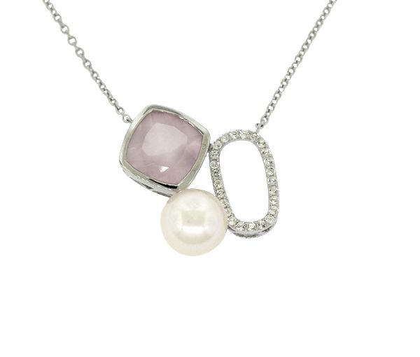 COLLIER ARG P.EAU DOUCE 9.5MM+CZ+QUARTZ - CG NF57130W18 - PERLE D'IMPORTATION