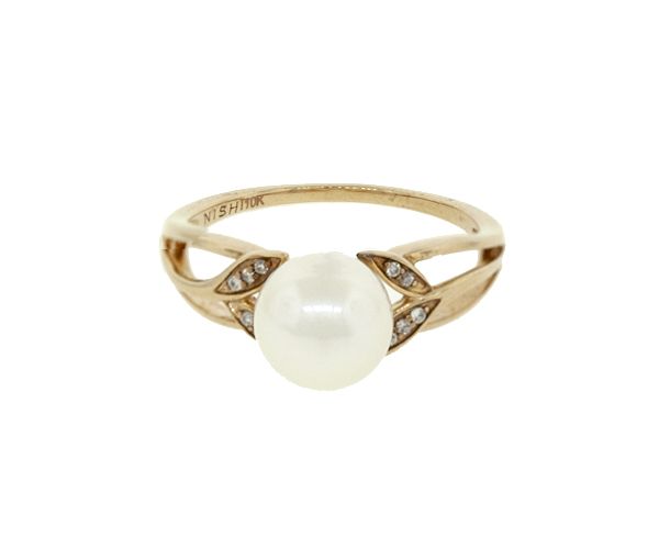 BAGUE EN OR 10K SERTIE D'UNE PERLE D'EAU DOUCE ET DE DIAMANTS - CG RF16714 - PERLE D'IMPORTATION