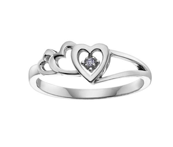 BAGUE 3 COEURS EN OR 10K BLANC SERTIE D'UN DIAMANT - CR DD2308 - BIJOUX CANADIEN