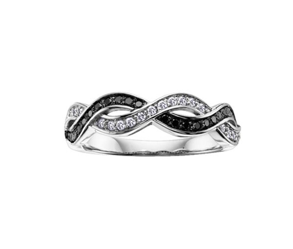 JONC EN OR 10K BLANC SERTI DE DIAMANTS BLANCS ET NOIRS - CR DD2437 - BIJOUX CANADIEN