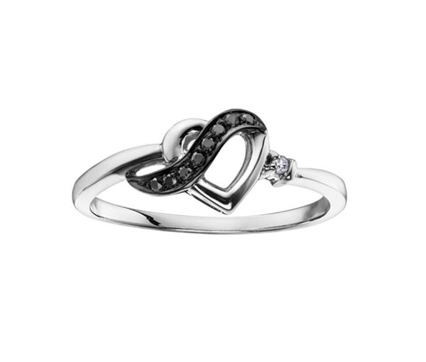BAGUE COEUR EN OR BLANC SERTIE DE DIAMANTS BLANCS ET NOIRS - CR DD2465 - BIJOUX CANADIEN