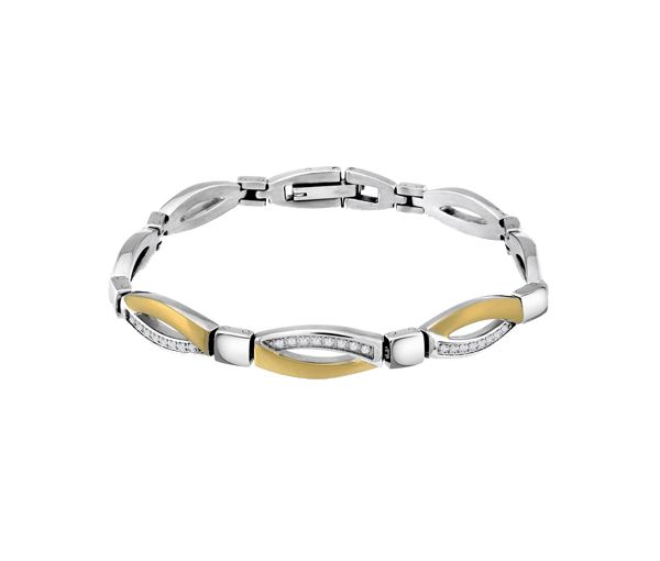 BRACELET EN ACIER/PVD OR 2 TONS SERTI DE CUBIQUES ZIRCONIAS - IG SWB107 - VELORIA
