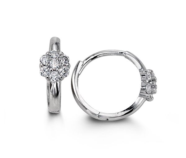 BOUCLES HUGGIES 14K BL. FLEUR CZ 10MM - SY 5016 - BIJOUX D'IMPORTATION