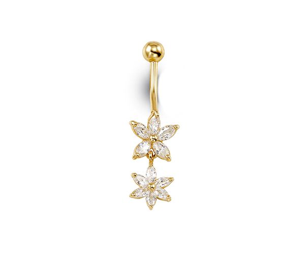 BARBELLE DE NOMBRIL FLEURS EN OR 14K SERTIE DE CUBIQUES ZIRCONIAS - SY 7031 - BIJOUX D'IMPORTATION