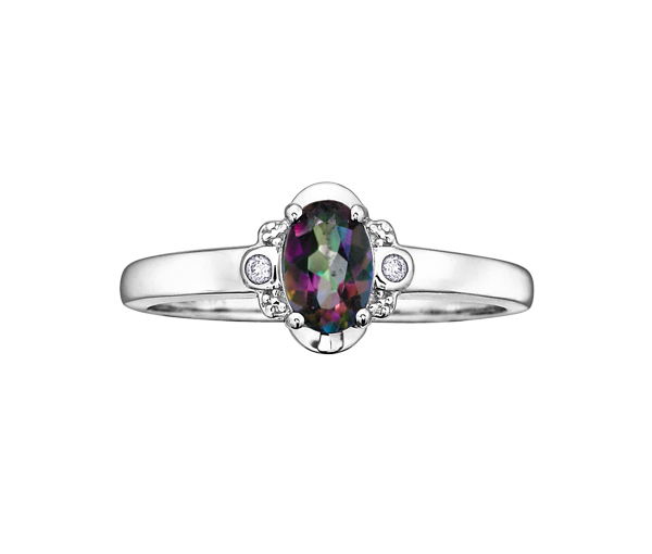 BAGUE EN OR 10K BLANC SERTIE D'UNE PIERRE DE COULEUR VARIÉE ET DE DIAMANTS - CR DX336MT - BIJOUX CANADIEN