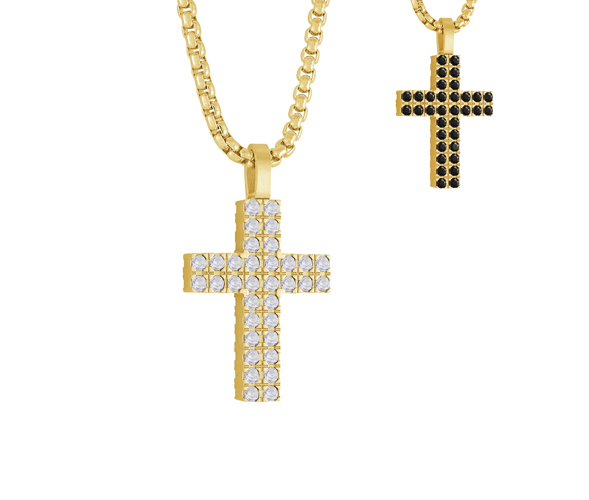 PENDENTIF CROIX RÉVERSIBLE EN ACIER/PVD OR SERTI DE CUBIQUES ZIRCONIAS - IG SC171 - ITALGEM