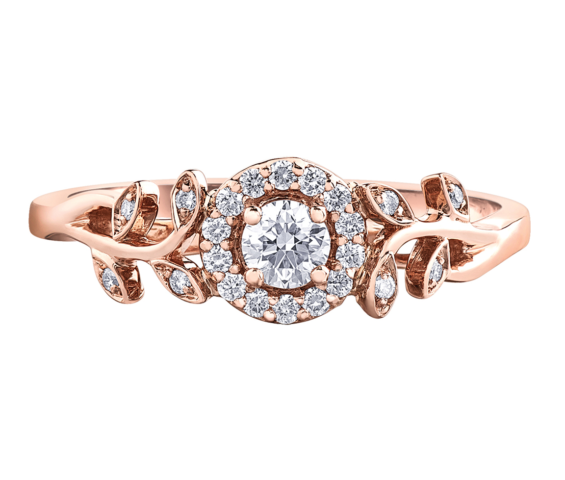 BAGUE EN OR 10K BLANC, ROSE OU JAUNE SERTIE D'UN DIAMANT CANADIEN ET DE DIAMANTS - CR AM481R - DIAMANT CANADIEN