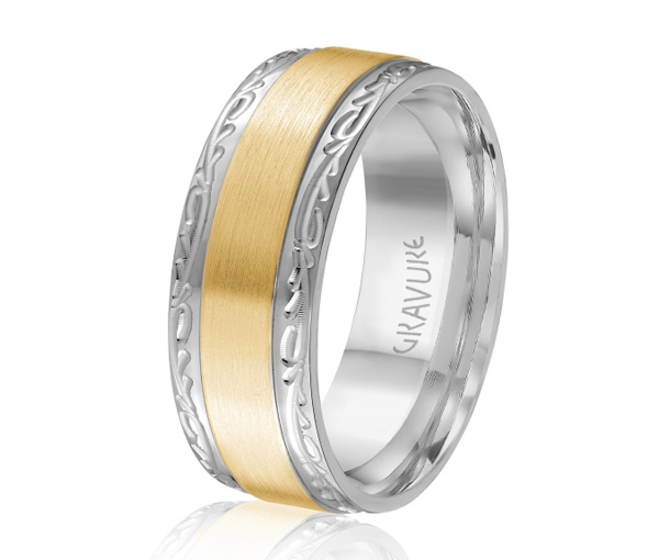 JONC EN OR OU EN PLATINE AVEC MOTIF GRAVURE BRANCHE ET SATINÉ AU CENTRE - ML GH1512WY610 - MALO 