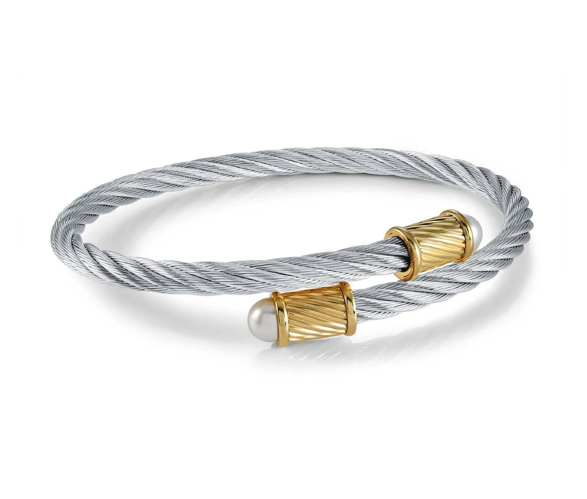 BRACELET BANGLE TORSADE EN ACIER/PVD OR OU 2 TONS SERTI DE PERLES SYNTHÉTIQUES - IG SWBG117WY - ITALGEM