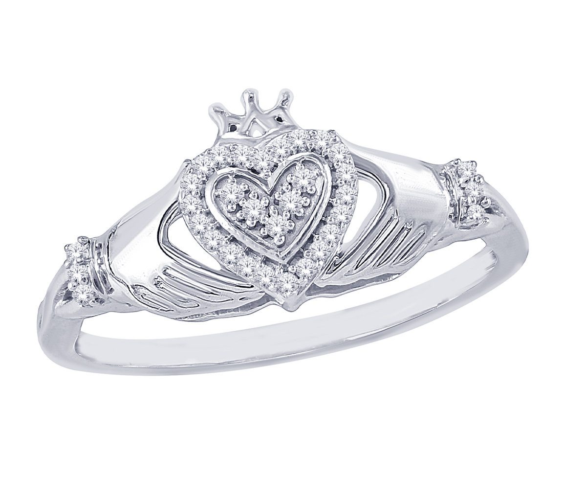 BAGUE CLADDAGH EN OR 10K SERTIE DE DIAMANTS - SK R33504W10 - BIJOUX D'IMPORTATION