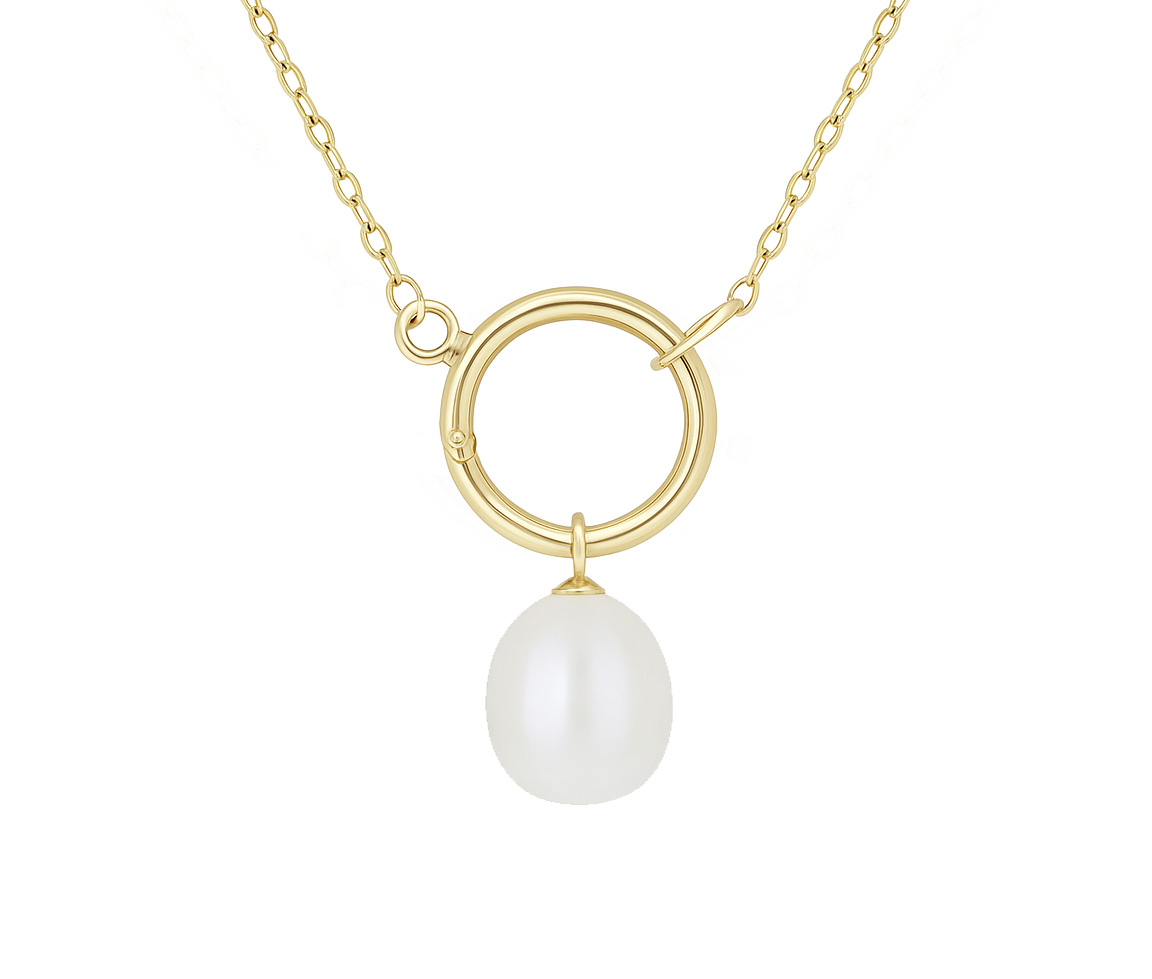 COLLIER EN ARGENT/PVD OR AVEC FERMOIR MOUSQUETON ET PERLE D'EAU DOUCE OBLONG - AR 1420/18/W - PERLE D'IMPORTATION