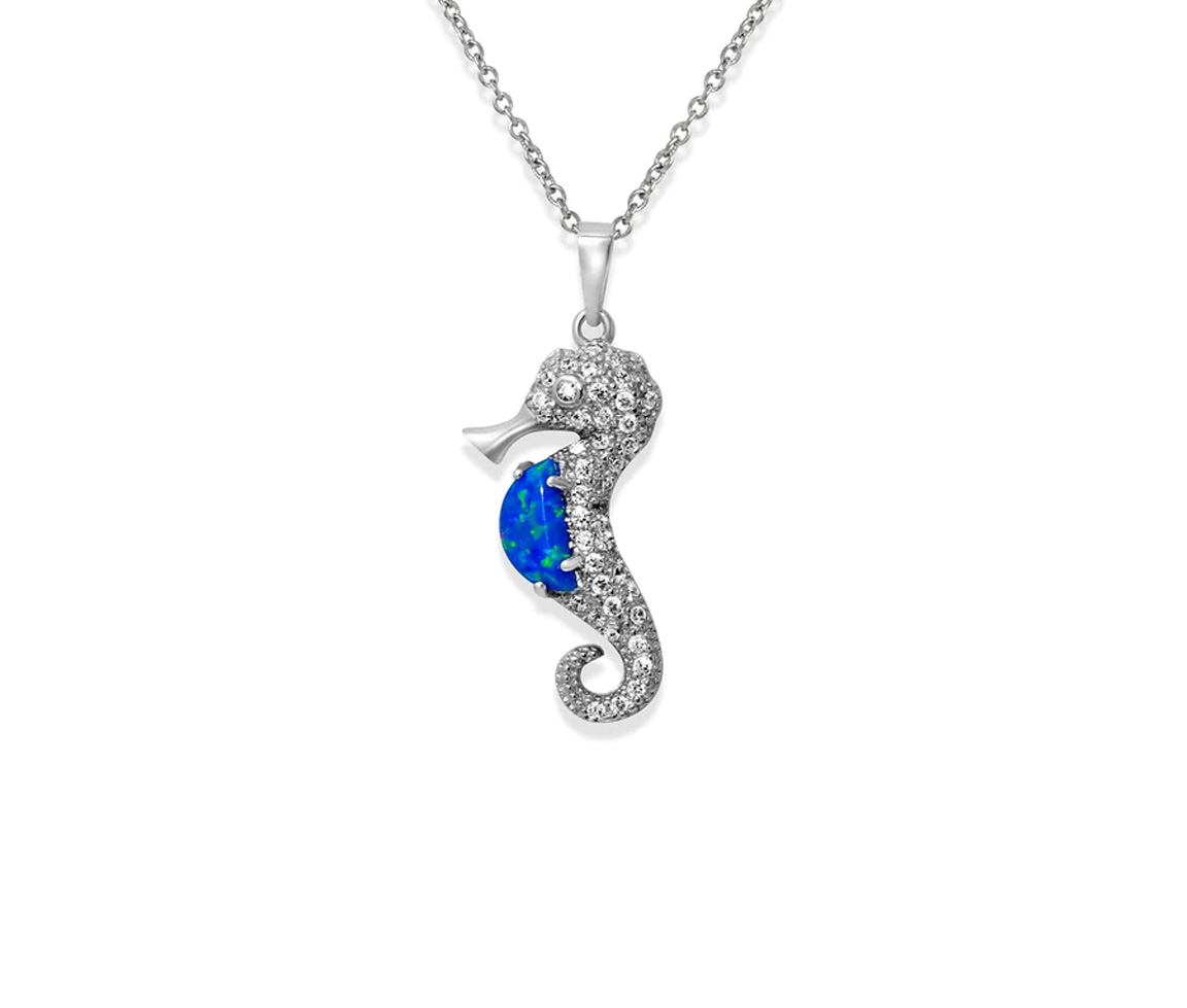COLLIER HYPPOCAMPE EN ARGENT RHODIÉ SERTI D'UNE OPALE BLEU OU BLANCHE SYNTHÉTIQUE ET DE CUBIQUES ZIRCONIAS - SP BGP01071BL - BIJOUX D'IMPORTATION