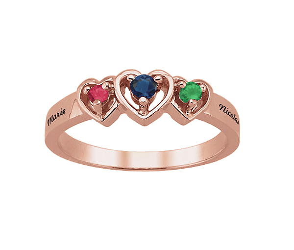 BAGUE FAMILLIALE 3 COEURS EN ARGENT OU EN OR SERTIE DE 3 PIERRES - PG 40033R/14 - PERSONALIZED GEM