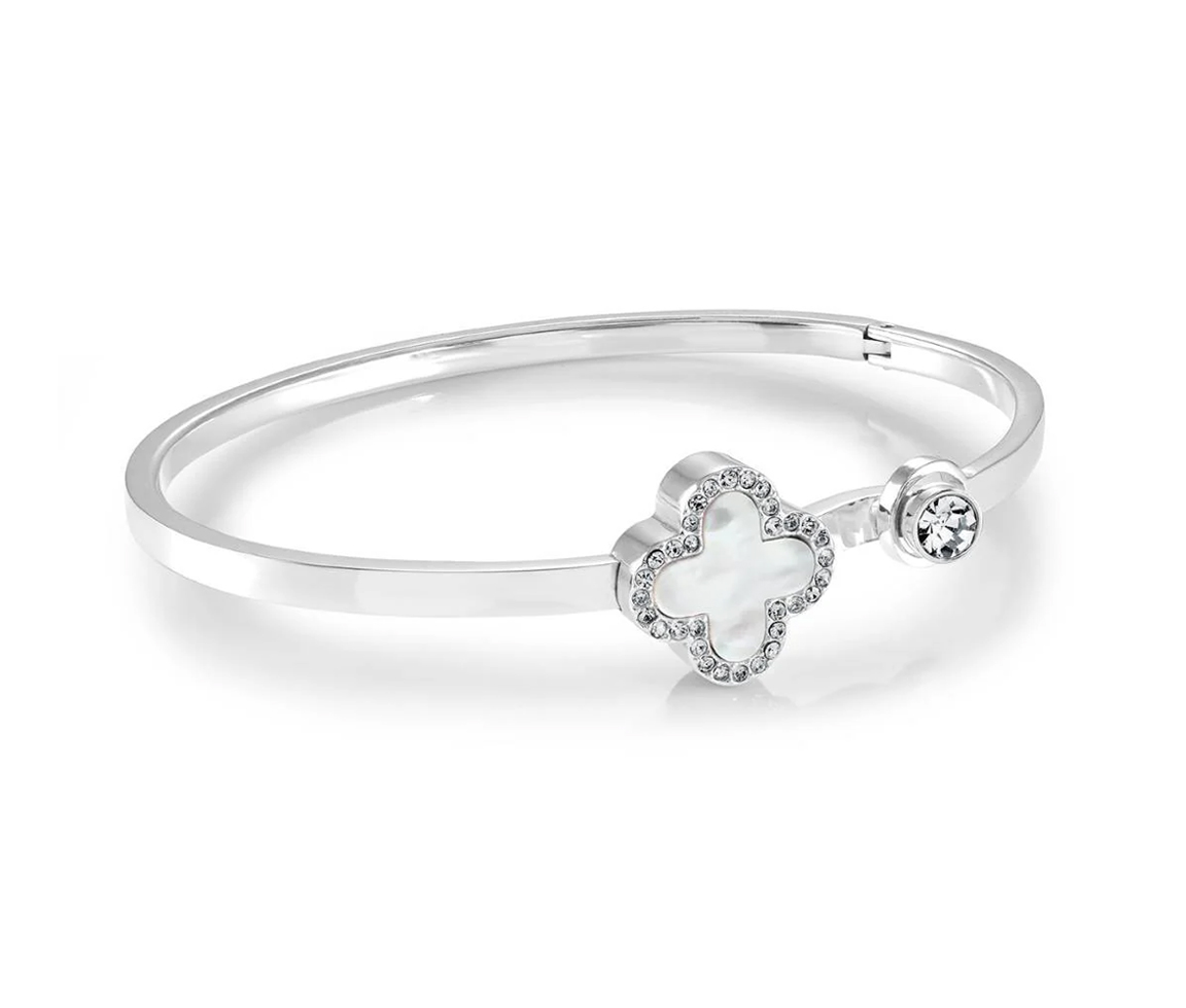 BRACELET BANGLE EN ACIER AVEC UN TRÈFLE SERTI DE NACRE BLANCHE ET DE CUBIQUES ZIRCONIAS - IG SWBG118 - VELORIA