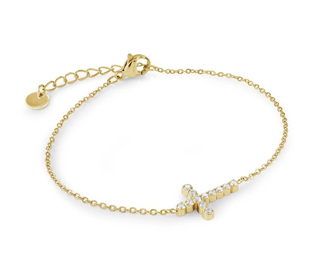 BRACELET CROIX EN ACIER OU ACIER/PVD OR SERTI DE CUBIQUES ZIRCONIAS - IG SWB256GO - VELORIA