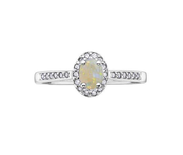 BAGUE EN OR BLANC SERTIE D'UNE PIERRE DE NAISSANCE ET DE DIAMANTS - CR DX318OP - BIJOUX CANADIEN