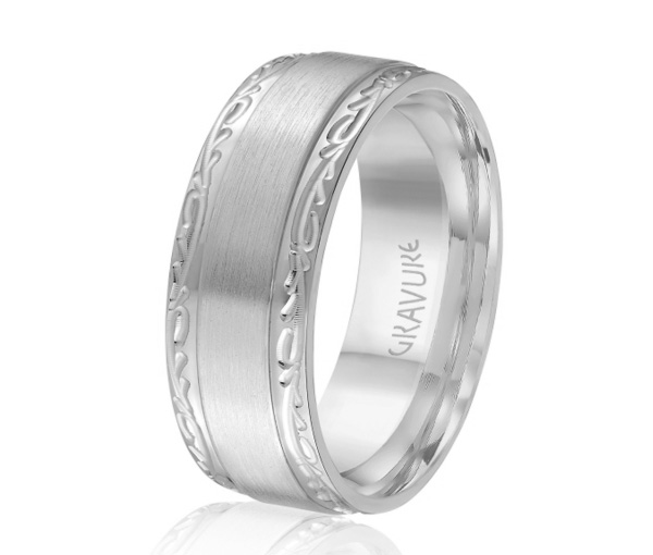 JONC EN OR OU EN PLATINE AVEC MOTIF GRAVURE BRANCHE ET SATINÉ AU CENTRE - ML GH1512W818 - MALO 