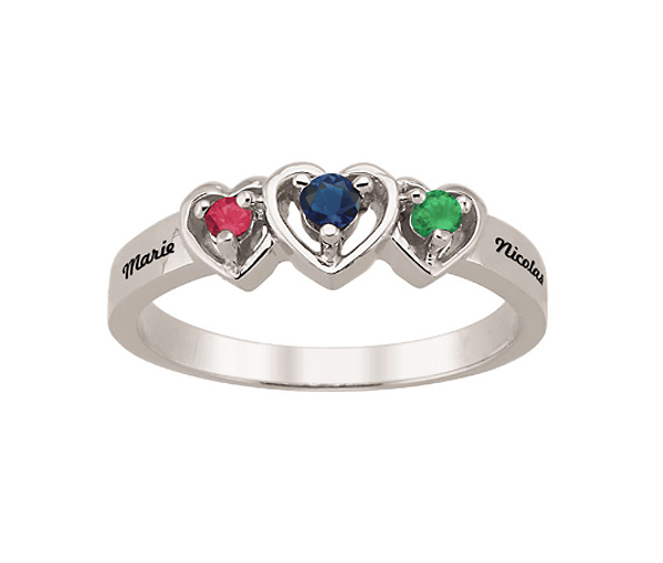BAGUE FAMILLIALE 3 COEURS EN ARGENT OU EN OR SERTIE DE 3 PIERRES - PG 40033W/14 - PERSONALIZED GEM