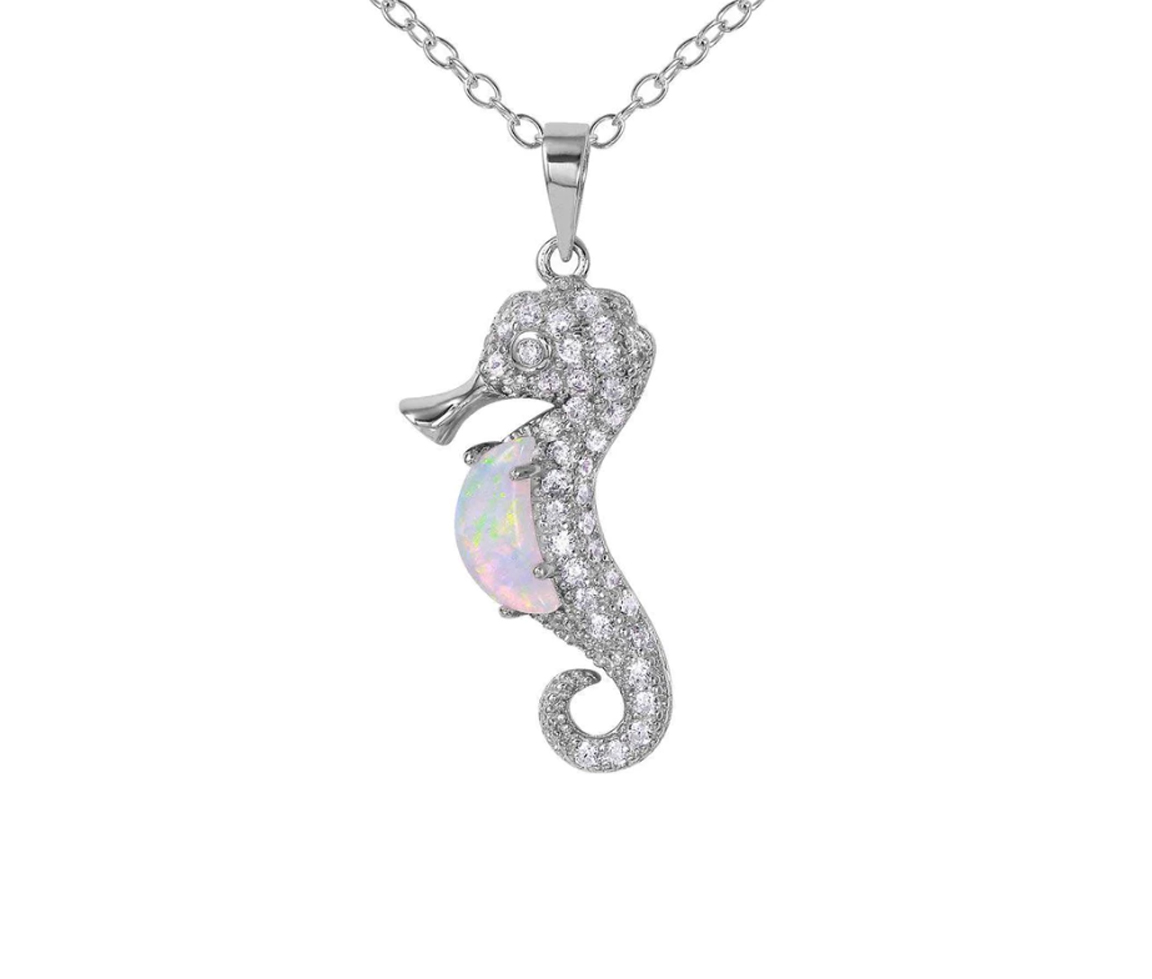 COLLIER HYPPOCAMPE EN ARGENT RHODIÉ SERTI D'UNE OPALE BLEU OU BLANCHE SYNTHÉTIQUE ET DE CUBIQUES ZIRCONIAS - SP BGP01071W - BIJOUX D'IMPORTATION