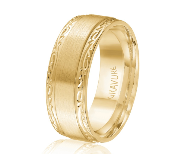 JONC EN OR OU EN PLATINE AVEC MOTIF GRAVURE BRANCHE ET SATINÉ AU CENTRE - ML GH1512Y818 - MALO 