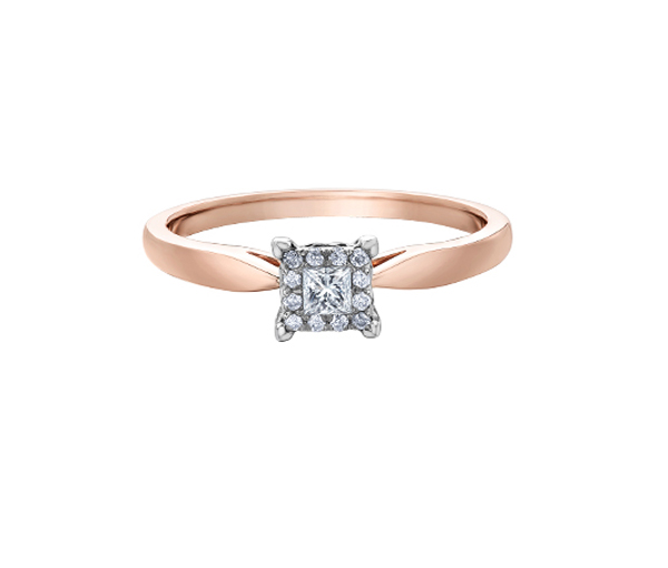 BAGUE EN OR 10K 2 TONS SERTIE D'UN DIAMANT PRINCESSE ET DE DIAMANTS - CR DD7410RW - BIJOUX CANADIEN