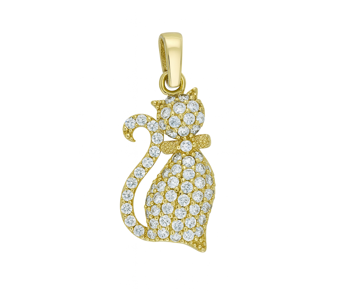 PENDENTIF CHAT EN OR JAUNE SERTI D'UN PAVÉ DE CUBIQUES ZIRRCONIAS - MB CHAT06 - BIJOUX D'IMPORTATION