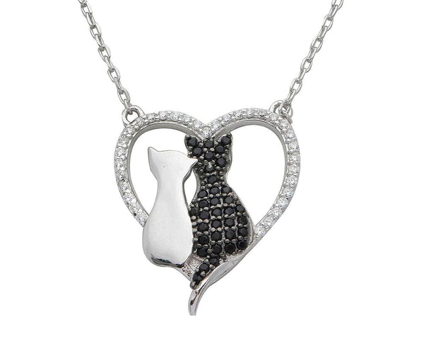COLLIER CHATS AMOUREUX EN ARGENT RHODIÉ SERTI DE CUBIQUES ZIRCONIAS NOIRS ET BLANC - SP STP01527 - BIJOUX D'IMPORTATION
