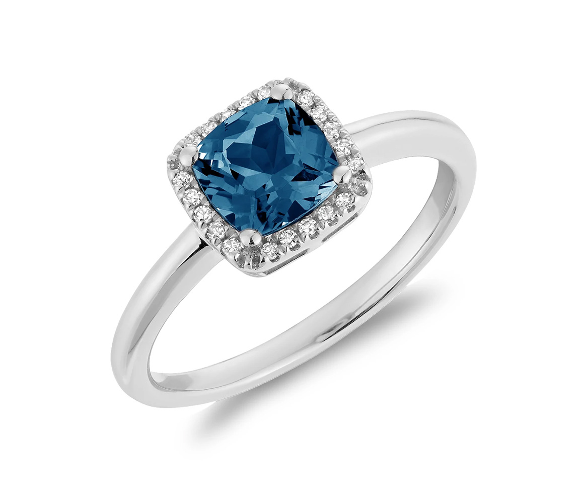 BAGUE EN OR 10K BLANC SERTIE D'UN TOPAZE BLEU LONDON ET DE DIAMANTS - BR 02041028LBT - Bijoux d'importation