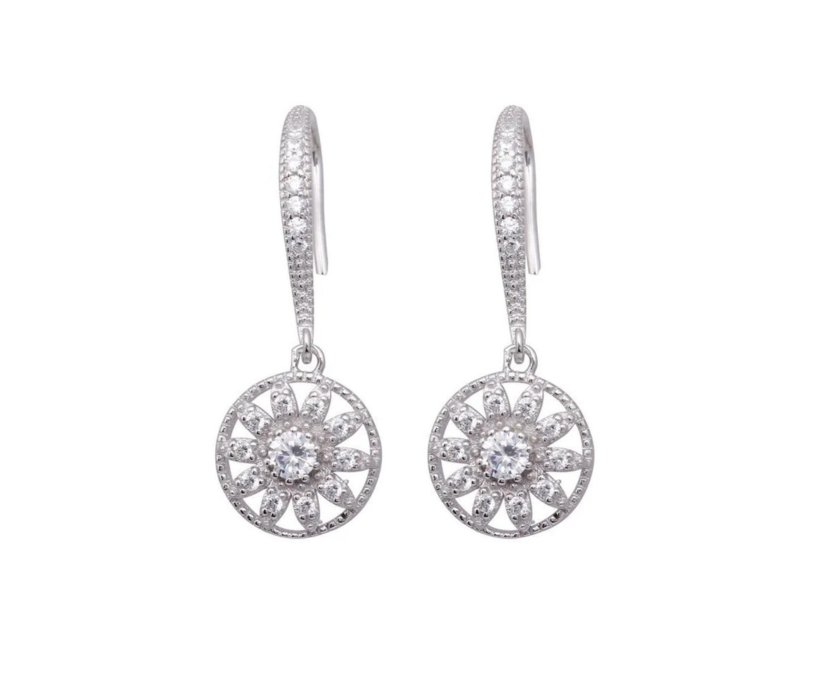 BOUCLES FLEURS EN ARGENT RHODIÉ SUR CROCHET SERTIES DE CUBIQUES ZIRCONIAS - SP BGE00324 - BIJOUX D'IMPORTATION