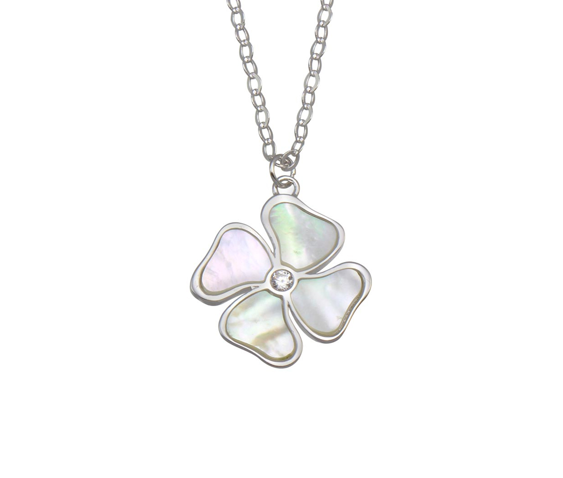 PENDENTIF TRÈFLE EN ARGENT RHODIÉ SERTI DE NACRE DE PERLE ET D'UN CUBIQUE ZIRCONIA - SP GMN00085 - BIJOUX D'IMPORTATION