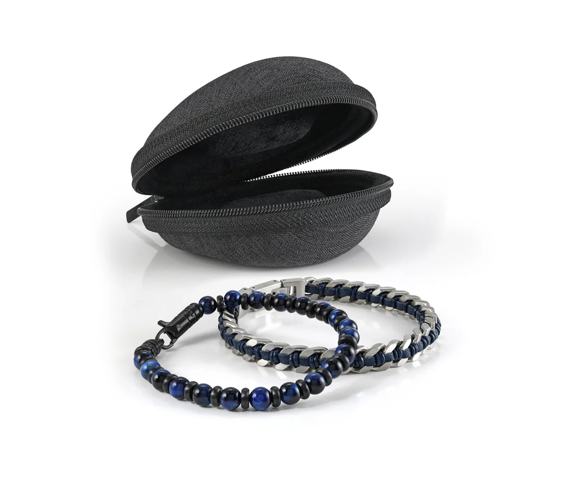 COMBO DE 2 BRACELETS BILLES D'OEIL DE TIGRE BLEU, D'ACIER ET DE CUIR AVEC SA POCHETTE - IG STACK22 - ITALGEM