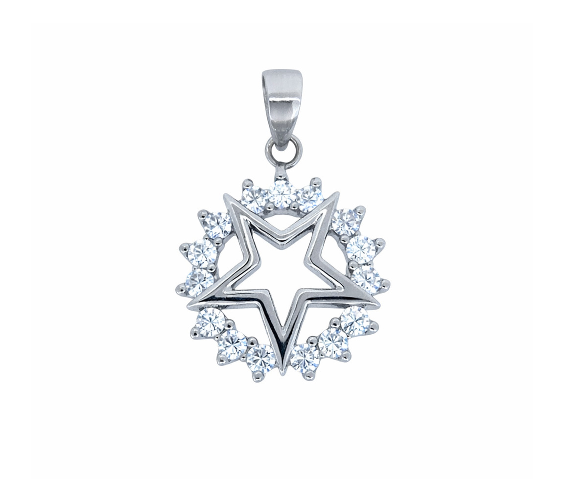 PENDENTIF CERCLE DE VIE/ÉTOILE EN ARGNT RHODIÉ SERTI DE CUBIQUES ZIRCONIAS - MB PEN74S - BIJOUX D'IMPORTATION