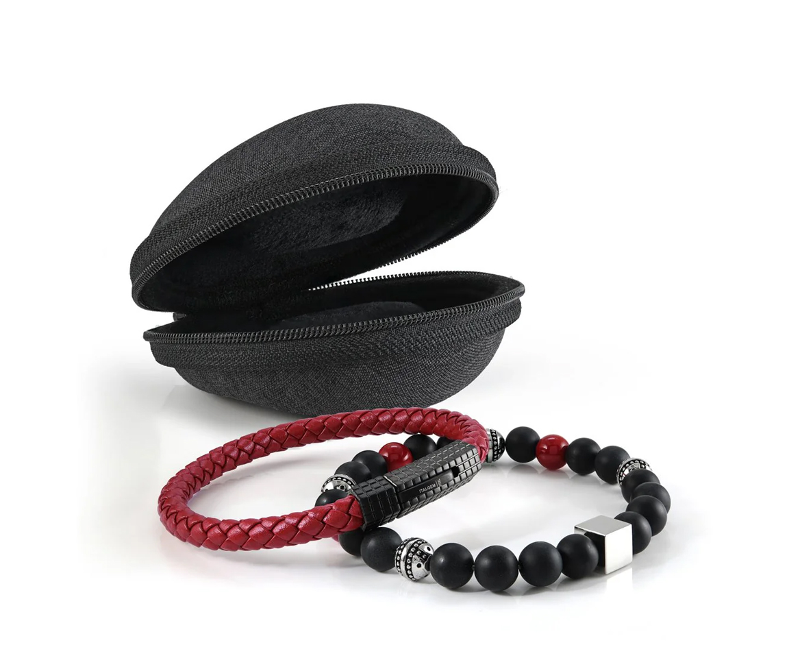 COMBO DE 2 BRACELETS BILLES D'ONYX, DE CORAIL ET D'ACIER AVEC SA POCHETTE - IG STACK21 - ITALGEM
