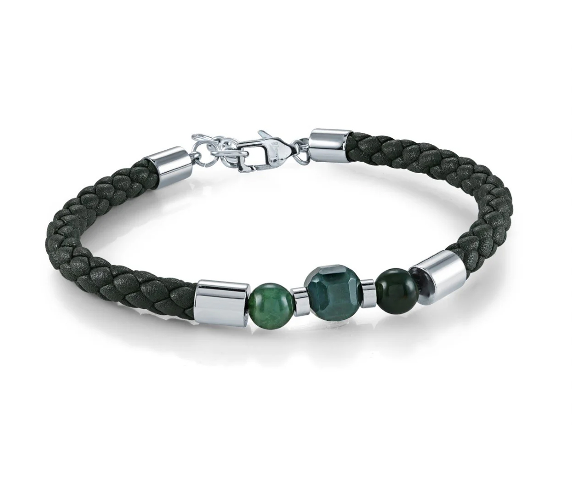 BRACELET EN CUIR NOIR TRESSÉ ET ACIER SERTI D'AGATES VERTES - IG SLB703 - ITALGEM